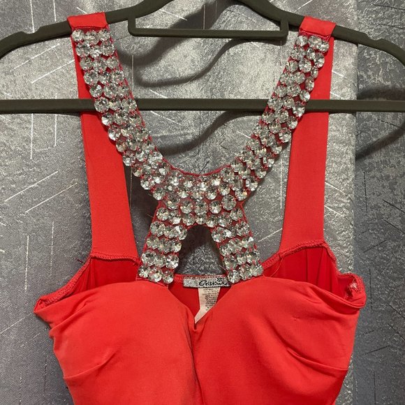 CRISTINA Tangerine Bright Orange Bodycon Wrap Mini Dress w Rhinestones - Sz M - Picture 3 of 9